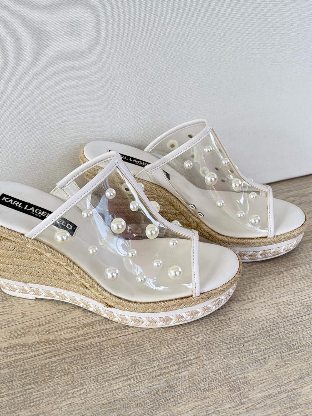 Karl Lagerfeld Paris Corissa wedge sandals Espadrilles Pearls Womens 36 6 White